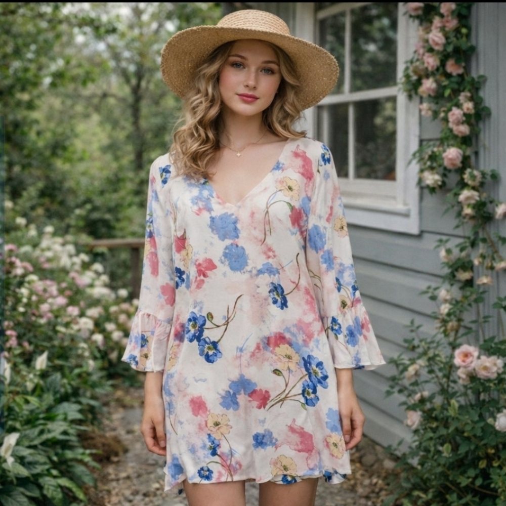 Arna York Vneck Poppy Floral Tunic Dress 3/4 Sleeves Size 14/16 Cottage Feminine